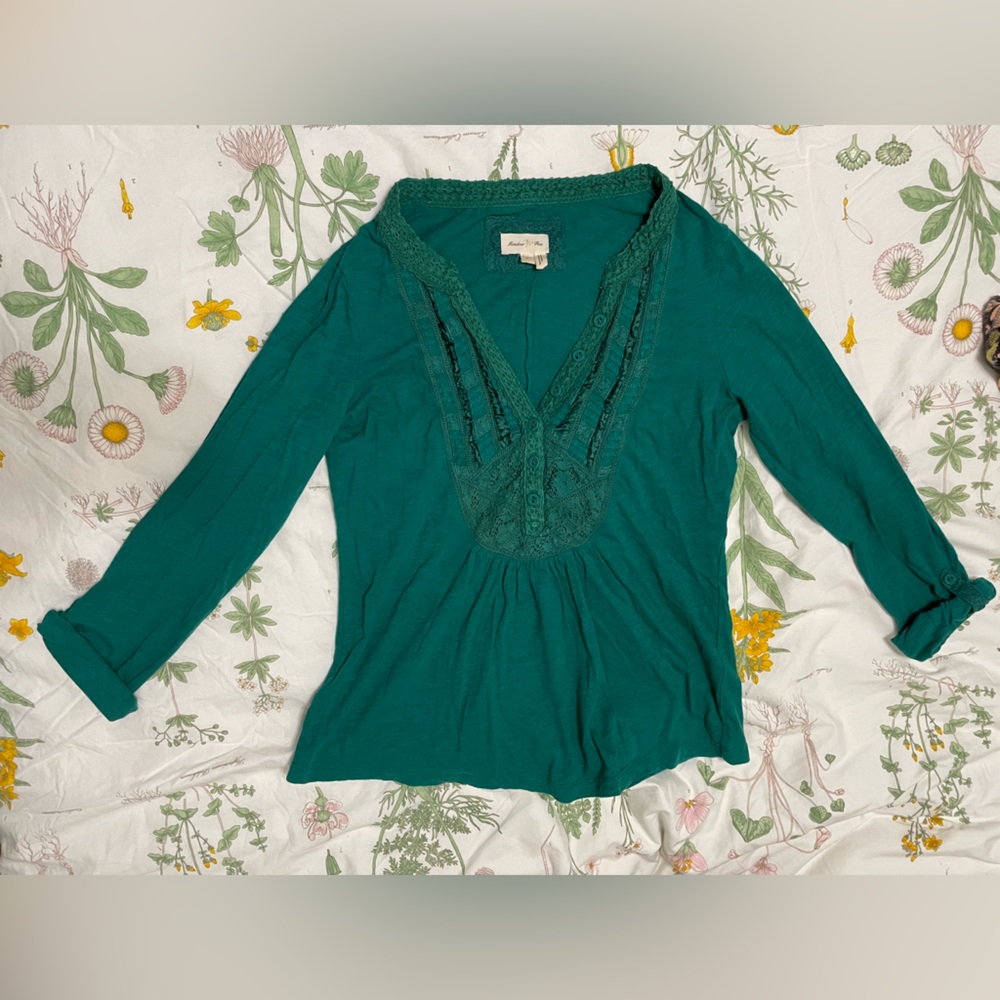 Green Anthropologie Meadow Rue Top with Velvet and Crochet Bodice Details